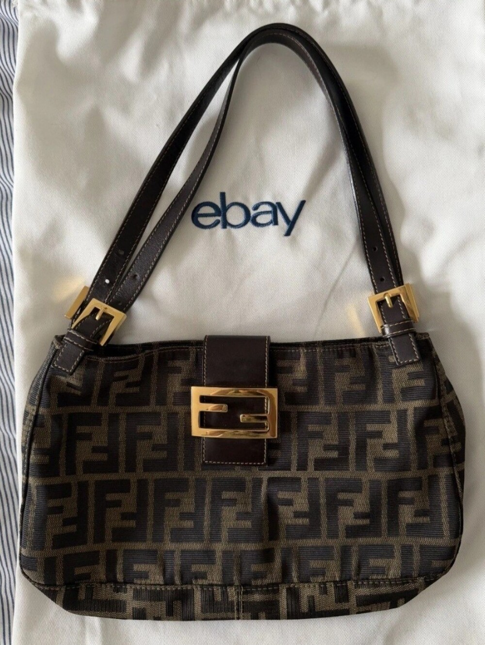 Fendi Brown Zucca Monogram Shoulder Baguette with Gold Buckle